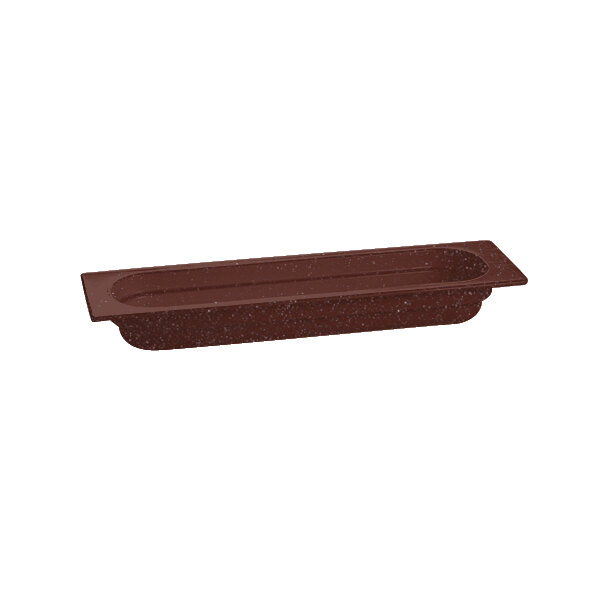 A maroon speckled rectangular cast aluminum food pan with a lid.