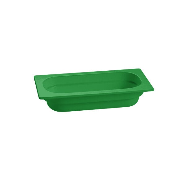 A green rectangular Tablecraft food pan.