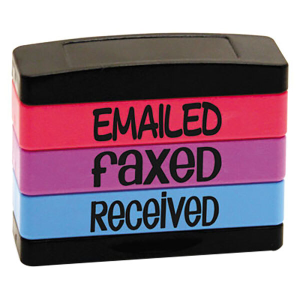 A box of Stack Stamp fluorescent ink message stamps in three colors with the words "Emailed," "Faxed," and "Received" on them.