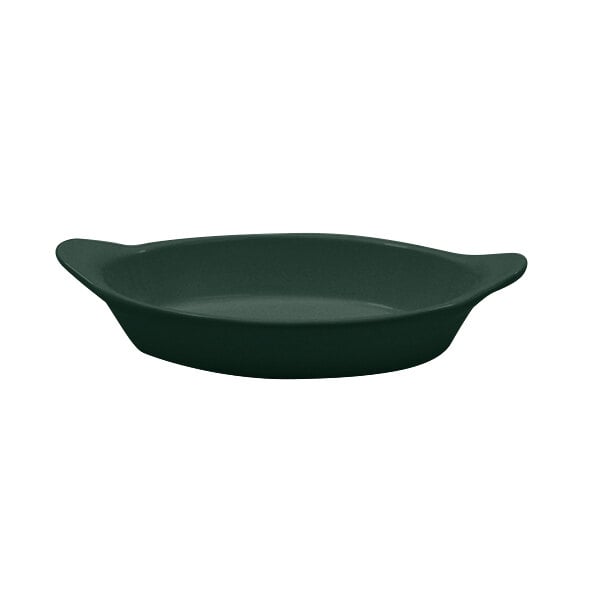 A close-up of a dark green Tablecraft cast aluminum serving bowl with shell handles.