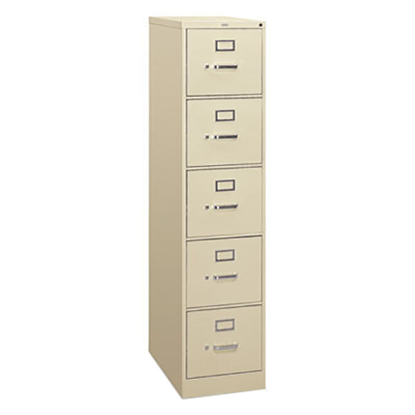 A HON putty five-drawer letter filing cabinet.