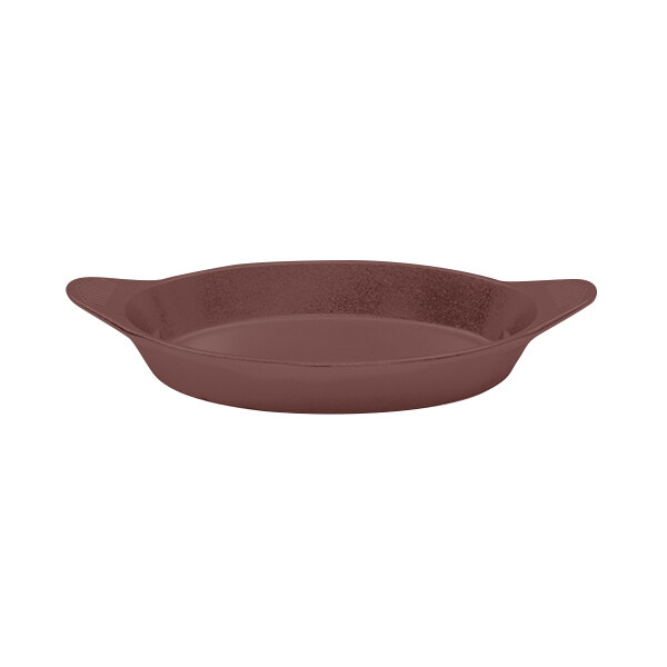 A brown cast aluminum oval server with shell handles.