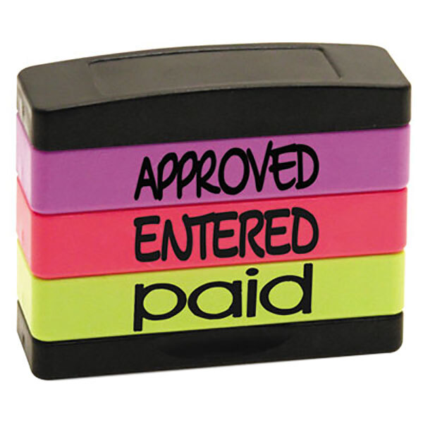 A stack of colorful rubber stamps including a yellow, purple, and black Stack Stamp with the words approved, entered, and paid.