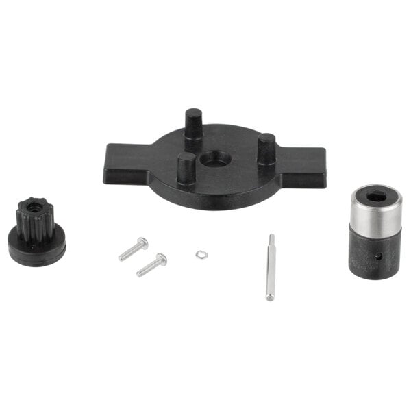 A black plastic and metal Waring coupling kit with screws and nuts.