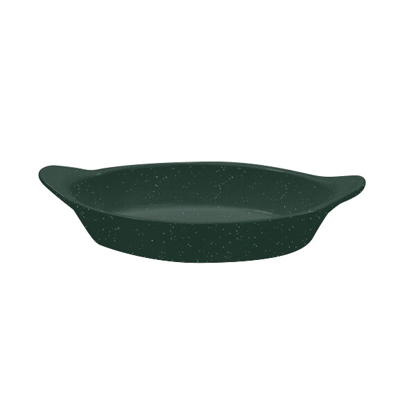 A Tablecraft hunter green and white speckled oval server with shell handles.