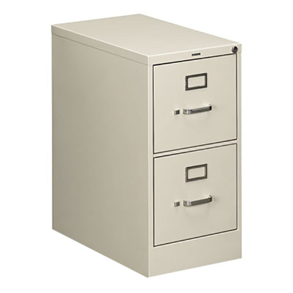 A light gray HON 510 Series file cabinet with two drawers.