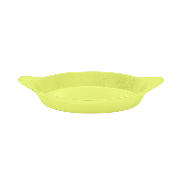 A lime green oval aluminum server with shell handles.