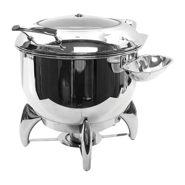 A Tablecraft stainless steel round soup chafer with a lid on a stand.
