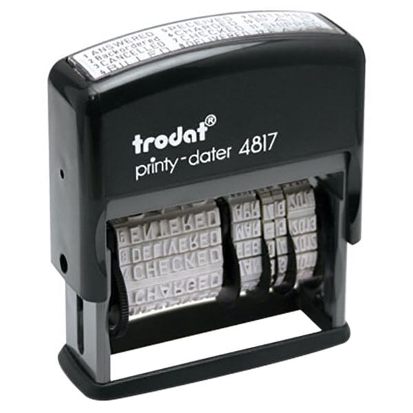 A black Trodat self-inking date stamp with white text.
