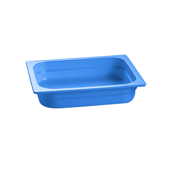 A cobalt blue rectangular cast aluminum food pan with a Tablecraft lid.