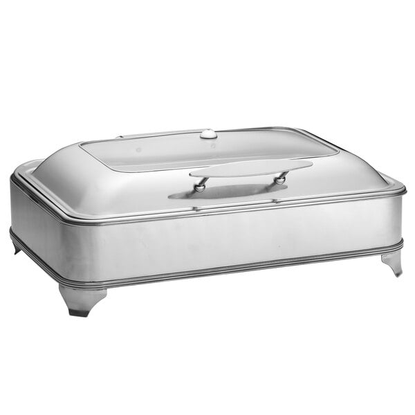 A Tablecraft stainless steel rectangular chafing dish with a lid on a stand.