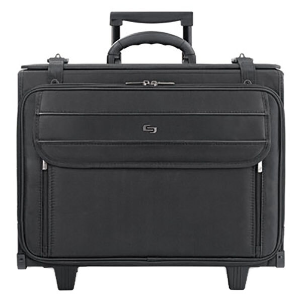 A black Solo rolling catalog case with wheels.
