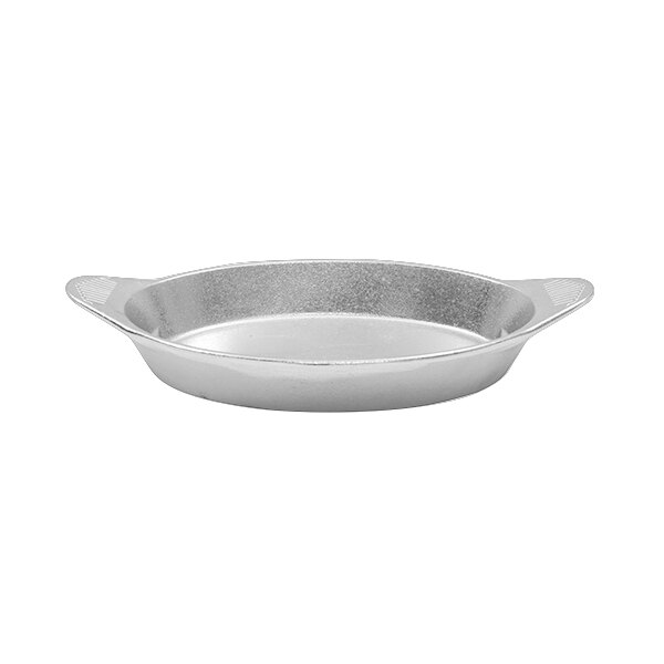 A Tablecraft natural cast aluminum oval server with shell handles.