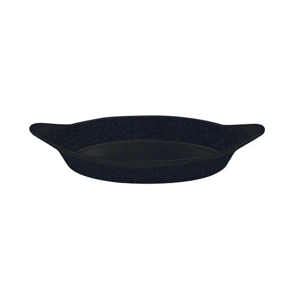 A black and blue speckled cast aluminum oval server with shell handles.
