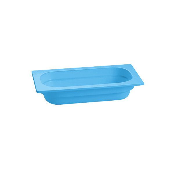 A sky blue rectangular cast aluminum food pan.