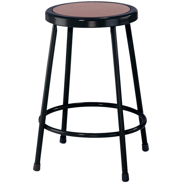 A black National Public Seating lab stool with a round wooden seat.