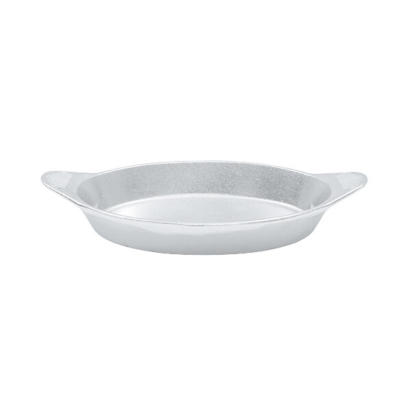 A gray oval cast aluminum bowl with shell handles.