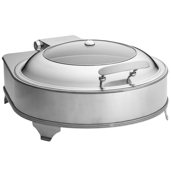 A silver round Tablecraft electric chafer with a glass lid.