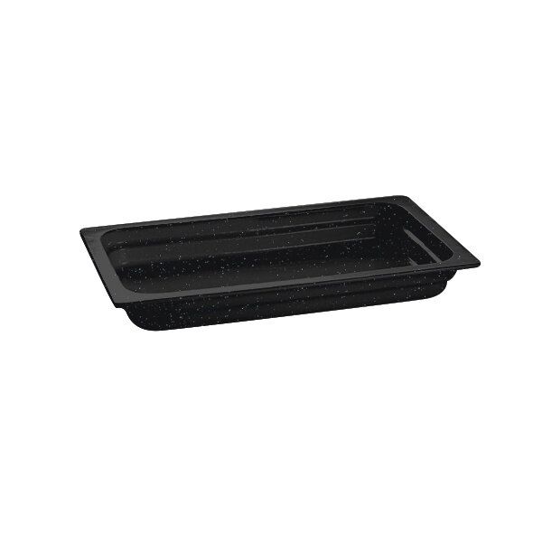 A black rectangular Tablecraft food pan with speckled specks.
