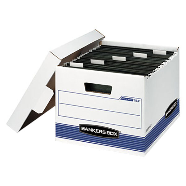 A white Fellowes Banker's Box file storage box with black and blue labels on black files inside.