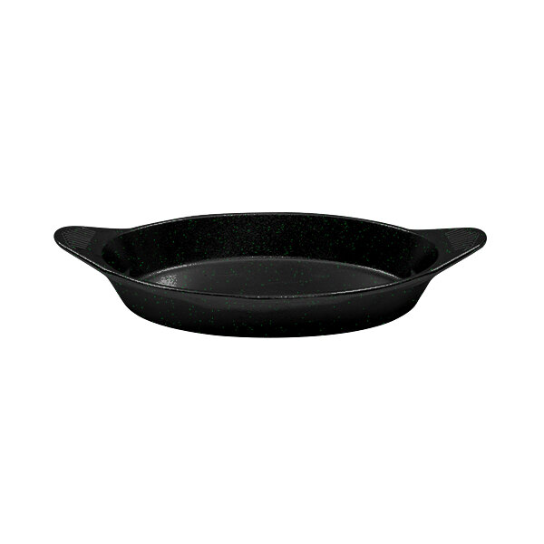 A black cast aluminum oval server with shell handles.