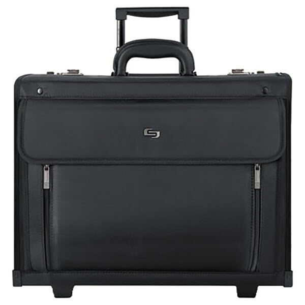 A black rolling Solo catalog case with a handle and wheels.