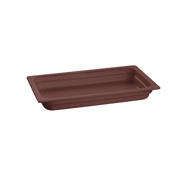 A brown rectangular Tablecraft cast aluminum food pan.