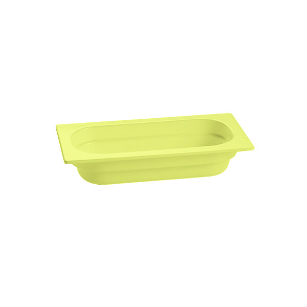 A lime green Tablecraft rectangular food pan with a lid.