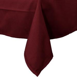 A close-up of a burgundy Intedge square tablecloth on a table.