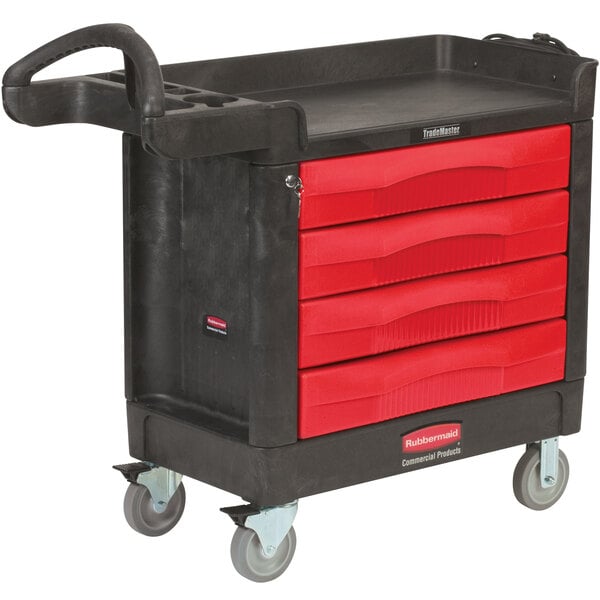 A black Rubbermaid TradeMaster cart with 4 drawers.