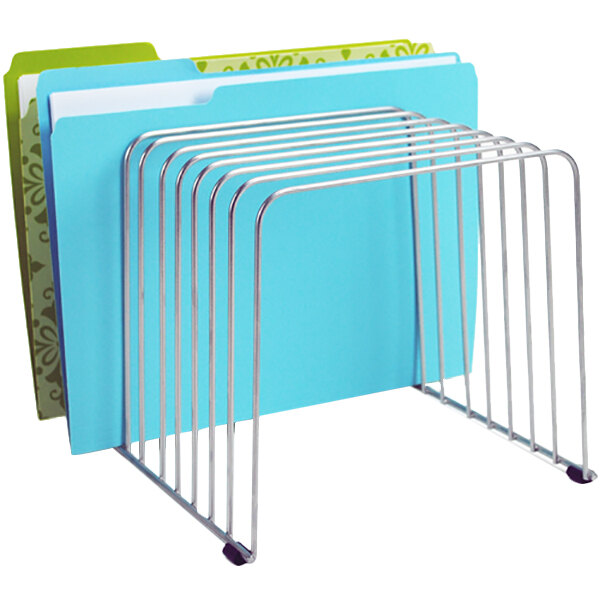 A silver Fellowes wire desktop organizer with colorful folders in it.