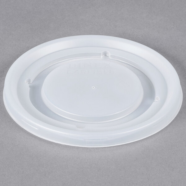 A white plastic lid for Dinex Fenwick bowls with an open lid.