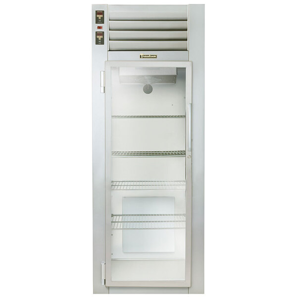 A Traulsen white stainless steel holding cabinet with glass doors.