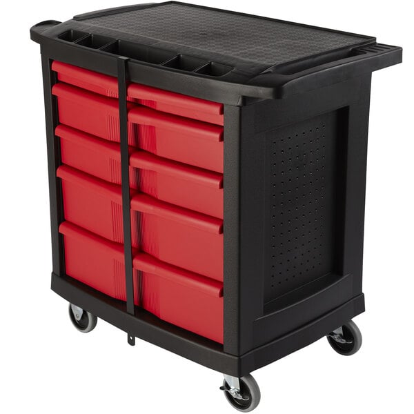A black and red Rubbermaid TradeMaster mobile work center with red drawers.