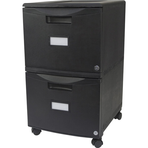 A black Storex mobile filing cabinet with two drawers on wheels.