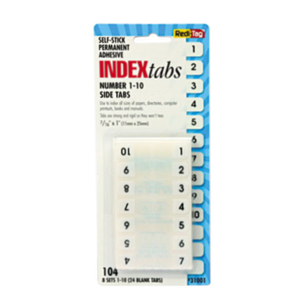A close-up of a Redi-Tag white plastic index tab with the number 1 on it.