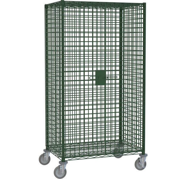 A green wire security cabinet on wheels.