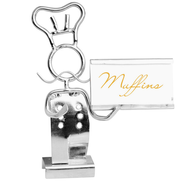 A Clipper Mill chrome plated metal card holder with a chef's hat on the hook.