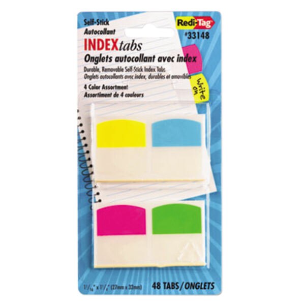 A pack of Redi-Tag Write-On sticky tabs with colorful labels including pink, yellow, and blue rectangles.