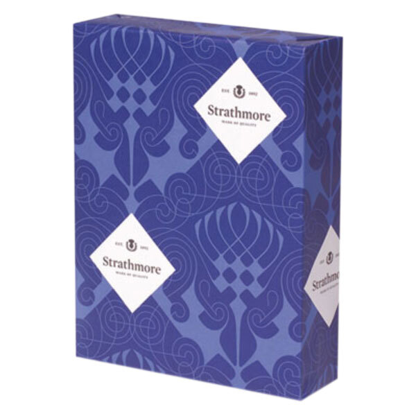 A blue box of Strathmore Ivory Business Stationery with white and black labels.