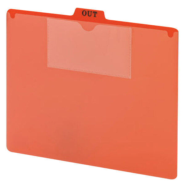 A close-up of a red Smead Poly Out Guide folder with pockets.