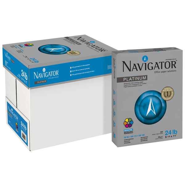 A white box of Navigator Platinum white paper with blue and silver labels.