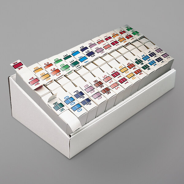 A white box with many colorful Smead A-Z style end tab labels.