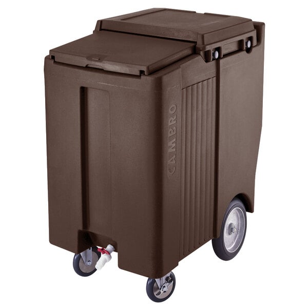 A Cambro dark brown mobile ice bin with wheels and a sliding lid.