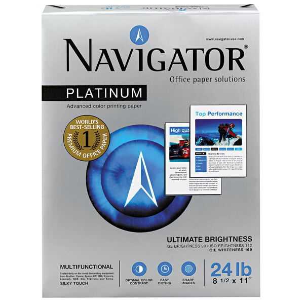 A white box of Navigator platinum paper with blue and black text.