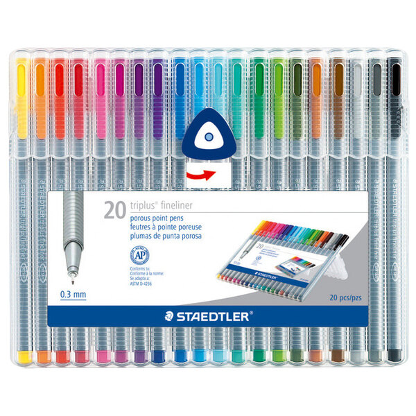 A white box of 20 Staedtler Triplus Fineliner multicolored markers.