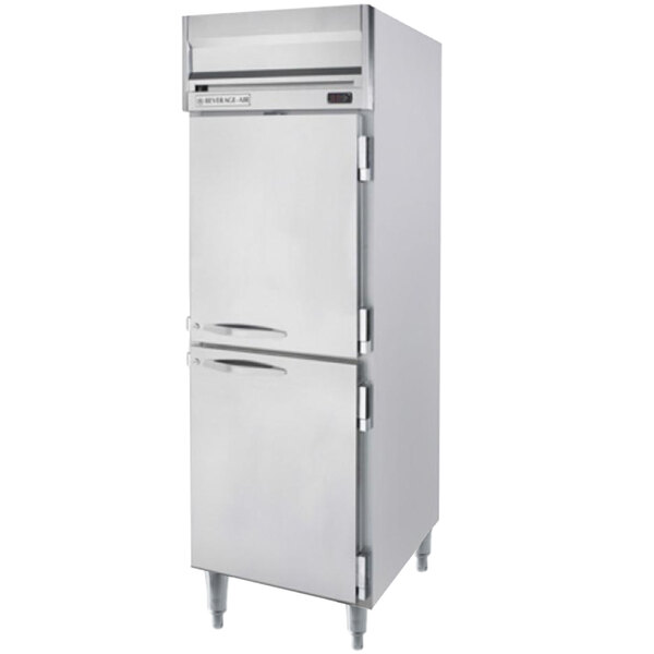 A white stainless steel Beverage-Air reach-in freezer with two half doors.