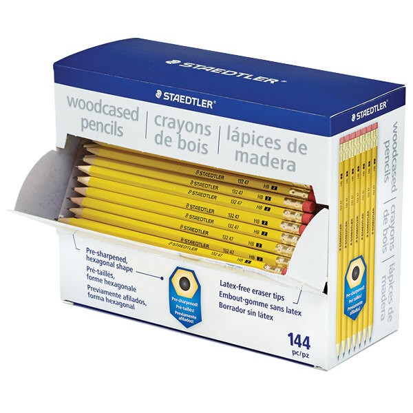 A white box of 144 Staedtler yellow woodcase pencils.