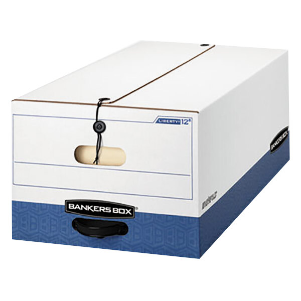 A white and blue Banker's Box file storage box with a blue handle.