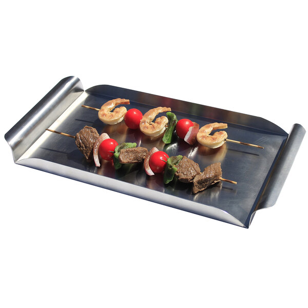 A Clipper Mill stainless steel rectangular tray with skewers of meat and vegetables.